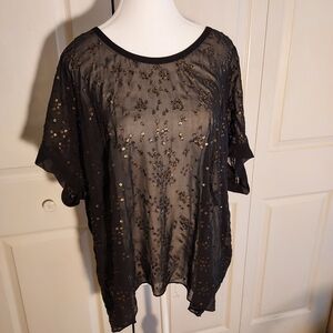 Eileen Fisher Sheer Black Silk Tee With Bronze Sequins